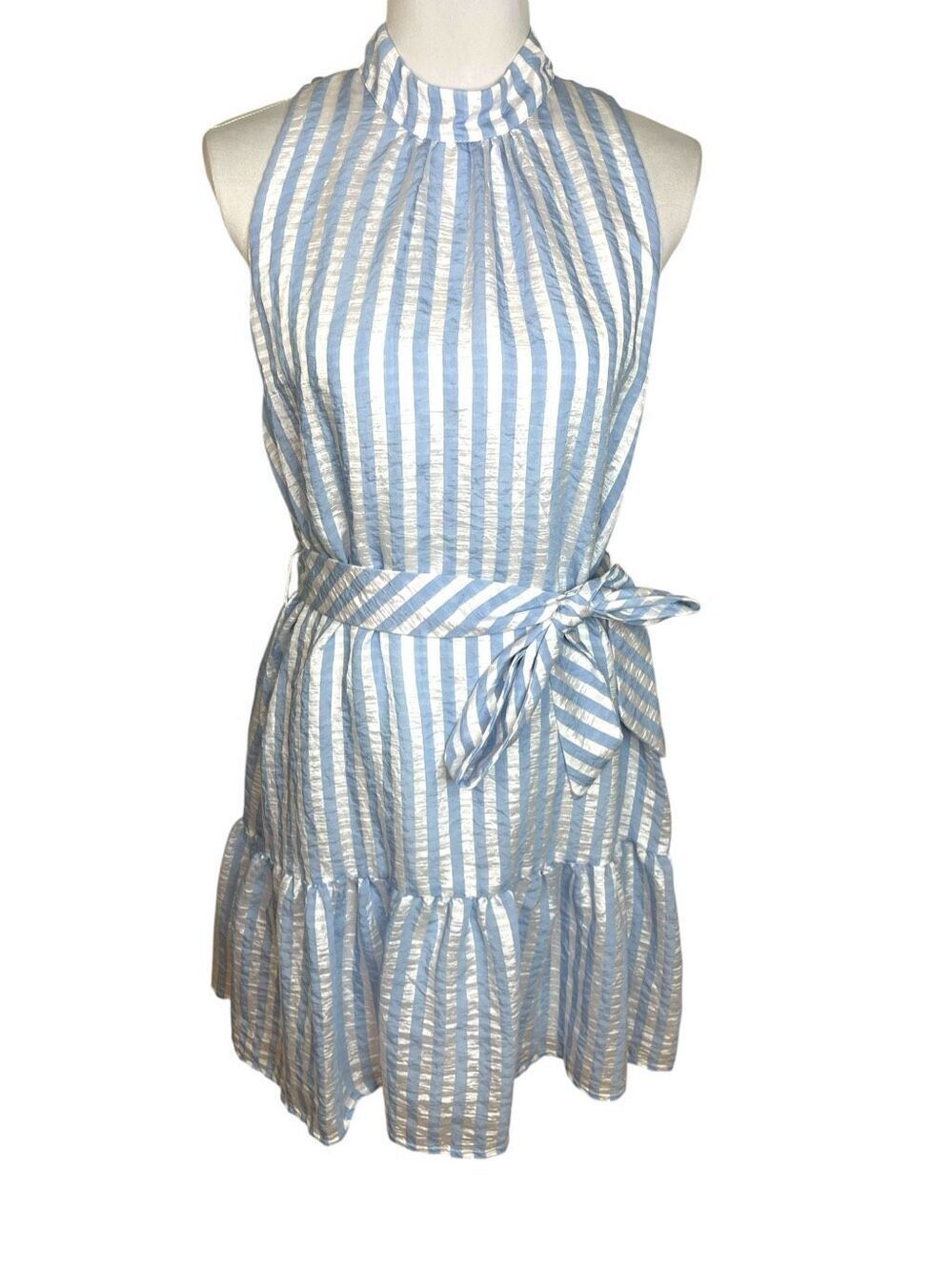 Avec Les Filles Blue and White Stripe Mock Neck Tie Waist Dress Size 10